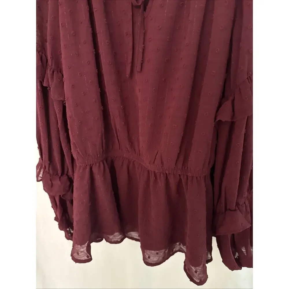 Maurices Blouse Womens XL Burgundy Lined Sheer Pullover Long Ruffle Sleeves NWT